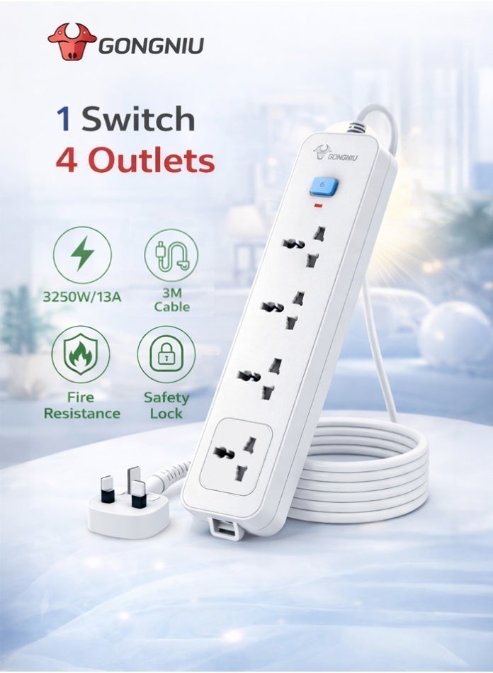 GONGNIU 4-Outlet 3 Meters Power Extension Cord With Master Switch, Universal Multi Plug Power Strip with Hanging Holes, Extension Lead for Home and Office - Image 2